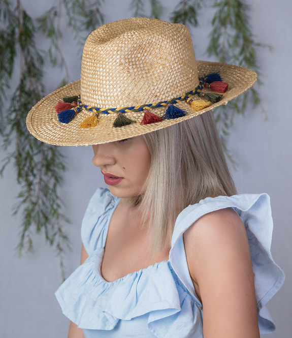 beautiful summer hat made with natural straw hand blocked fedora hat with multicoloured tassel headband