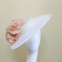 Zarbella designed white boater side hat with pink silk flowers