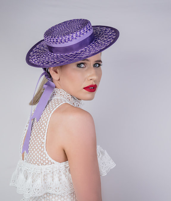 classic boater hat in different shades of purple with sweet purple satin side and back bow